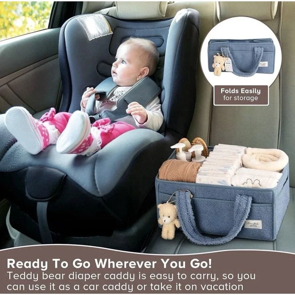 PeraBella Diaper Caddy Organizer Basket with Handle Blue Baby Nursery